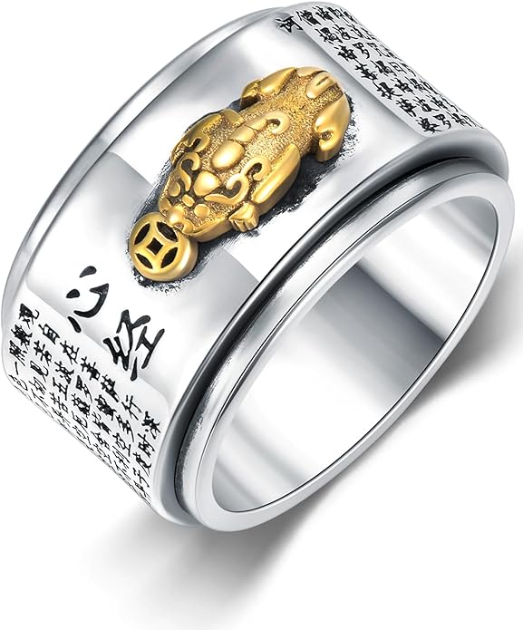 Seiyang Feng Shui Ring 925 Stering Silver Pixiu Mantra Ring Protection Wealth Adjustable Rings Gift for Men Women (with Gift Box)
