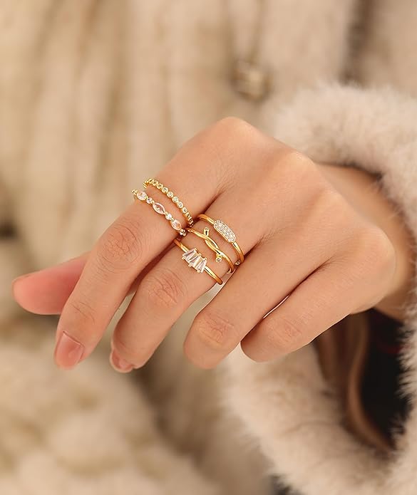 WFYOU Gold Rings for Women that Don't Tarnish Cubic Zirconia Ring Stackable Rings for Women Dainty 14K Gold Plated Rings Set Wedding Bands for Women Gold Jewelry Ring Size 6 7 8 9 10