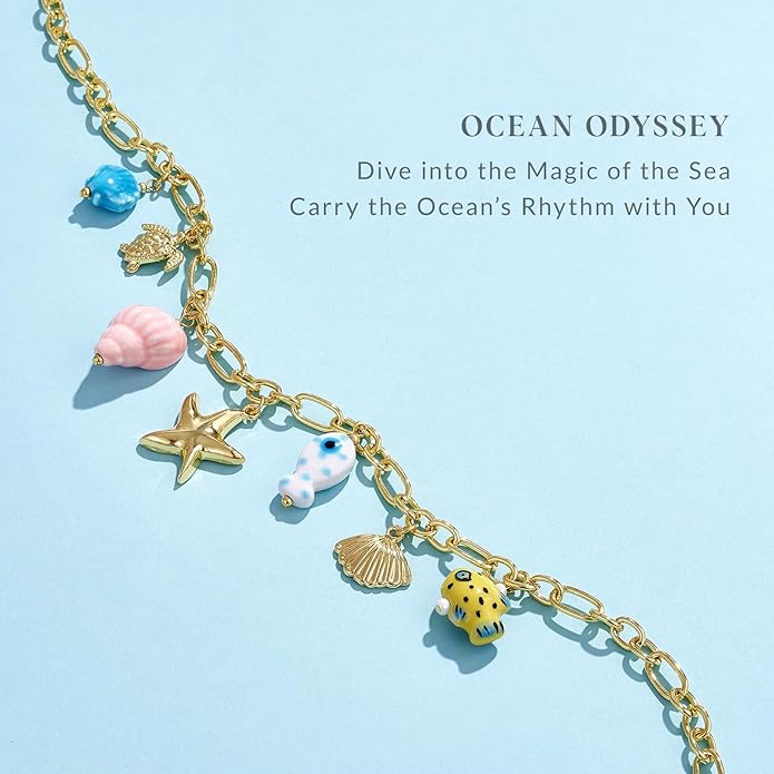 KissYan Charm Necklace for Women, 14K Gold Plated Heart Starfish Sun Pendant Fashion Link Chain Boho Summer Beach Jewelry Gifts