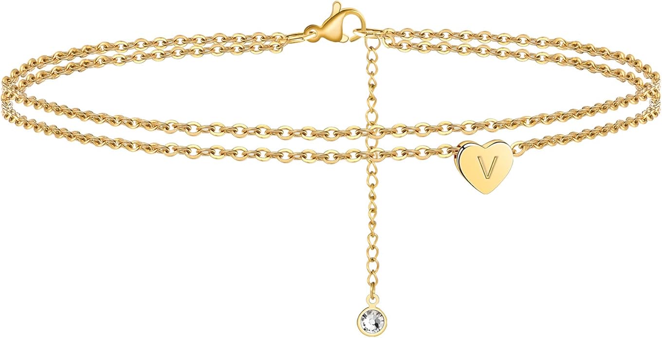 Ursteel Ankle Bracelets for Women, 14K Gold Plated Dainty Layered Heart Initial Anklets for Women Gifts