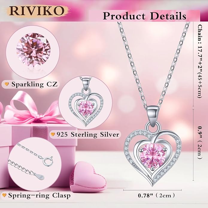 RIVIKO Heart Birthstone Pendant Necklace for Women 925 Sterling Silver Zirconia Necklaces Wedding Anniversary Birthday Mothers Day Jewelry Gifts For Her Mother Wife