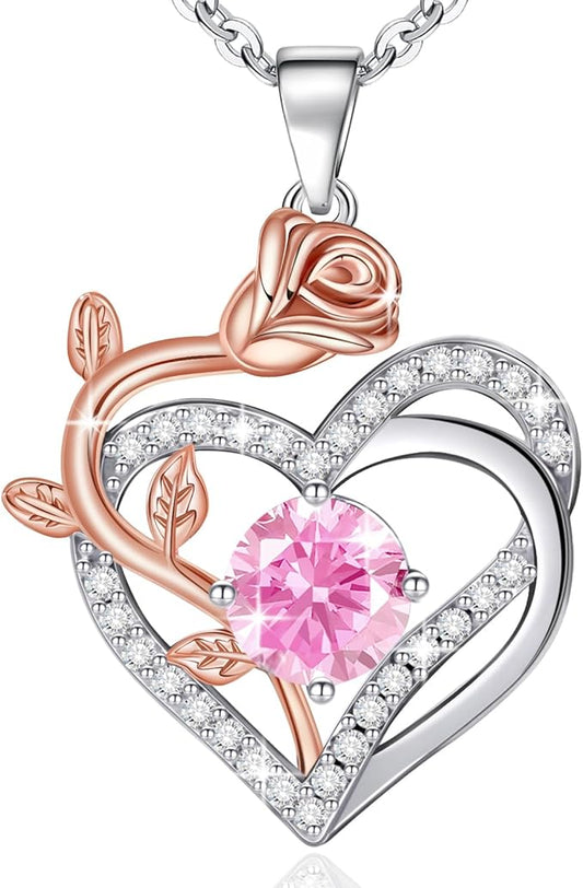 moshen Rose Heart Necklace for Women,925 Sterling Silver Birthstone Pendant - Gift for Women on Valentine's Day, Birthday, Christmas, Anniversary, Mather's Day (10-October-Opal Pink)