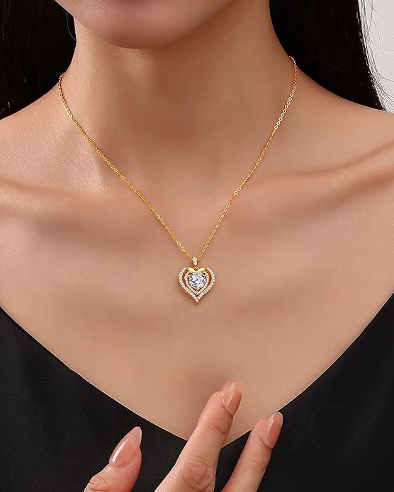 Moissanite Necklace for Women,1-2 Carat Heart Necklace Pendant Engraved with 'I LOVE YOU', 18K Gold Plated S925 Silver Jewelry Anniversary Birthday Gift for Girlfriend Wife Mom