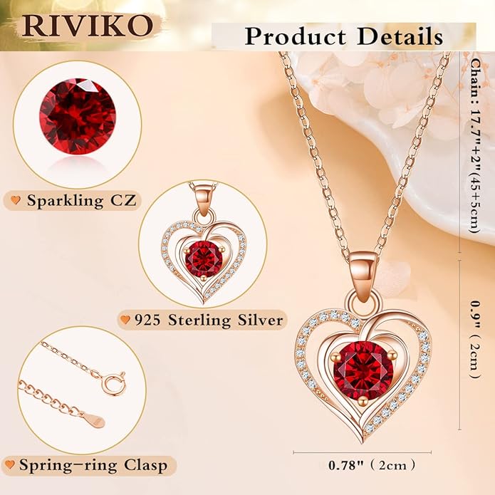 RIVIKO Heart Birthstone Pendant Necklace for Women 925 Sterling Silver Zirconia Necklaces Wedding Anniversary Birthday Mothers Day Jewelry Gifts For Her Mother Wife