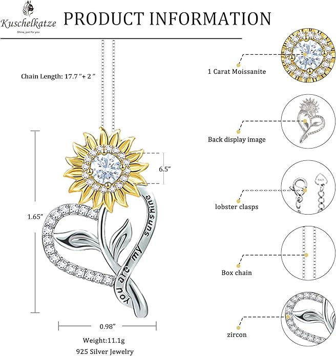 1 Carat Moissanite Sunflower Pendant Necklace | 'You Are My Sunshine' Engraved Heart Charm | 925 Sterling Silver | Radiant Anniversary, Wedding, Timeless Commitment Gift for Her
