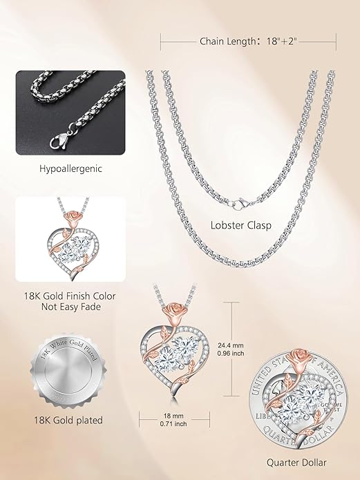 Jewelry for Her Double Heart Rose Birthstone Pendant Necklace Anniversary Jewelry Christmas Birthday Gifts for Women Wife Girlfriend