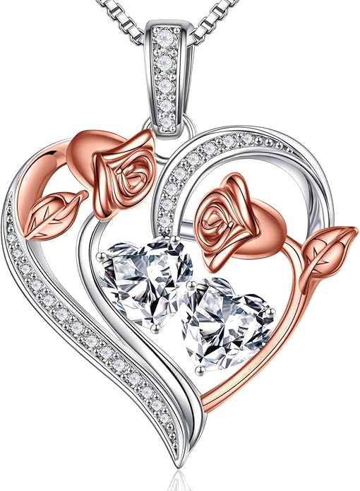 Iefil Birthstone Necklace for Women - 925 Sterling Silver Rose Heart Necklace, Birthstone Jewelry, Anniversary Birthday Gifts for Wife Girlfriend Mom Daughter