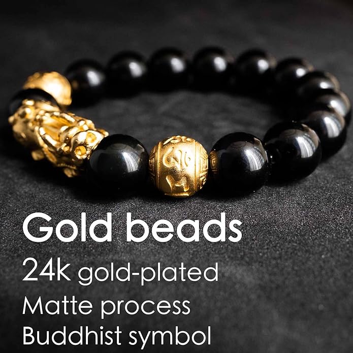 24K Gold Plated PiXiu Dragon Bracelet Feng Shui Bracelet, Obsidian Bracelet Dragon Protection for Men Women, Meditation Prayer Beads Bracelets Meaning to Attract Wealth and Good Luck(12mm)