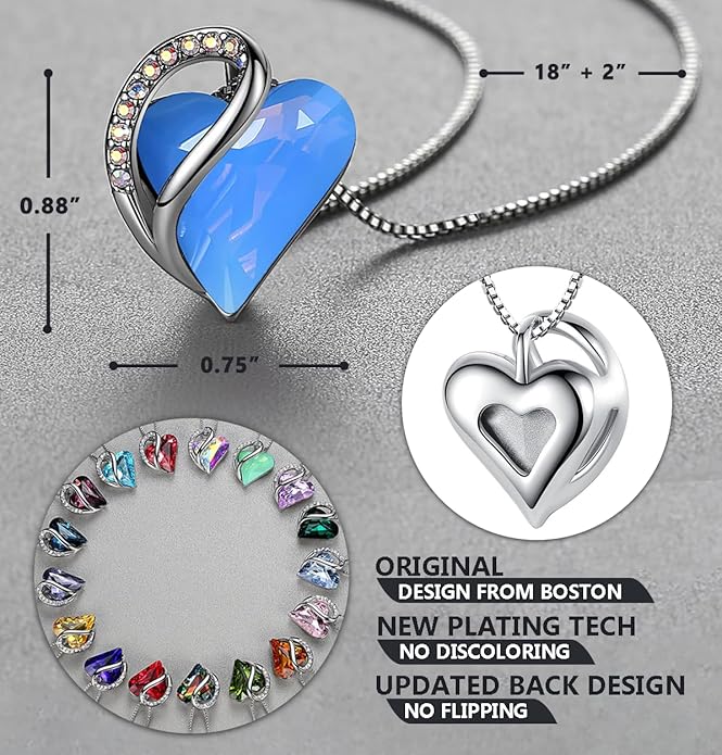 Necklaces for Women, Infinity Love Birthstone Heart Crystal Pendant, Birthday Jewelry Gifts for Her, Mom, and Wife, Silver Plated, 18 plus 2 inch Adjustable Chain