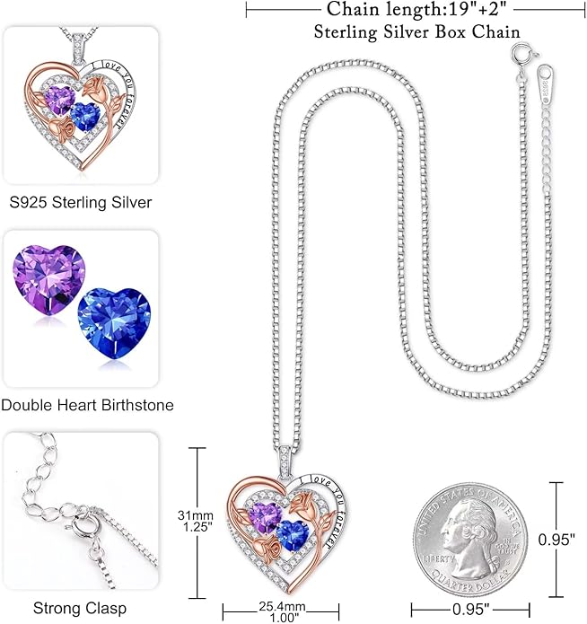 Iefil Birthstone Necklace for Women - Sterling Silver Birthstone Necklace Anniversary Birthday Gifts for Her Wife Mom Daughter