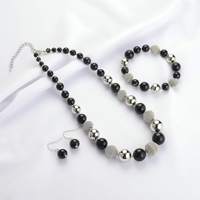 PEARL&CLUB Beaded Chunky Statement Necklace Earring and Bracelet Set Silver Metal Bead Fashion Jewelry Set Mothers’ Day Gifts for Women