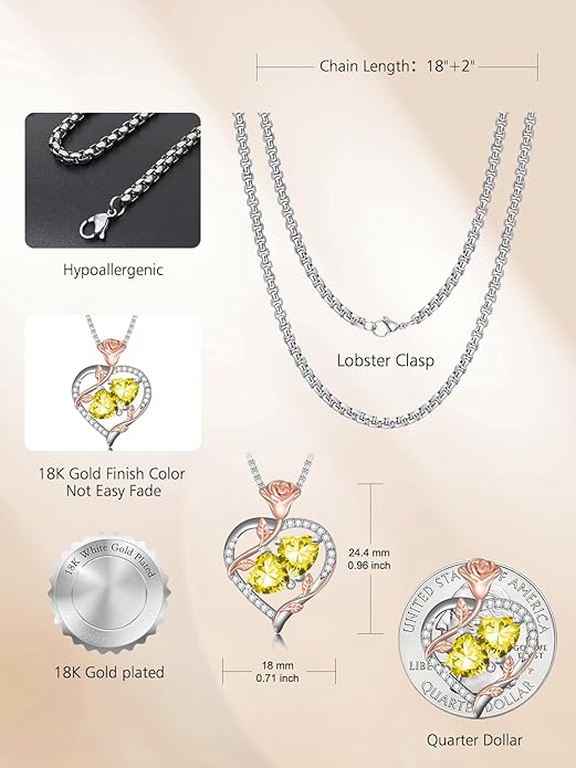 Jewelry for Her Double Heart Rose Birthstone Pendant Necklace Anniversary Jewelry Christmas Birthday Gifts for Women Wife Girlfriend