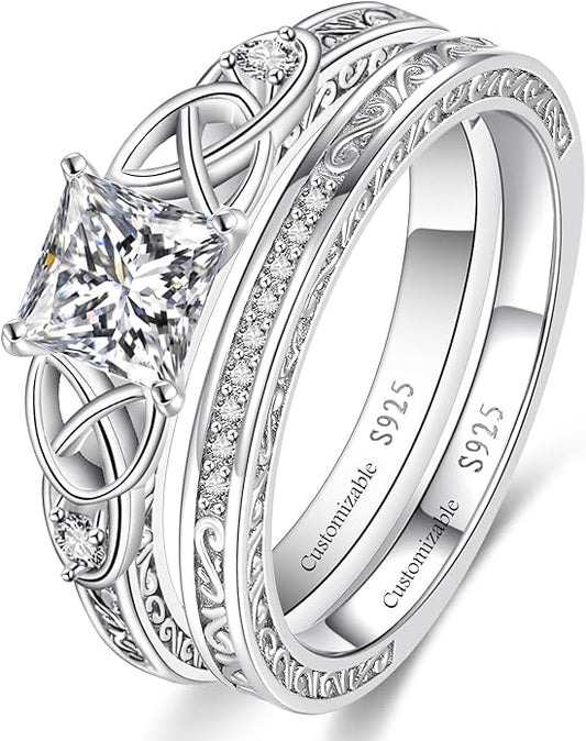 Vintage Celtic Knot Women's Engagement Ring Sets 925 Sterling Silver/14K Gold Plated Stackable Wedding Bands Rings AAAAA Cubic Zirconia Women Bridal Sets Wedding Ring Band Width 1.8mm Size 5-9