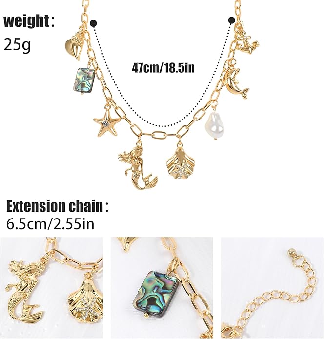 Gold Plated Paperclip Chain Beach Charm Necklace for Women Cute Shell Bow Dainty Beachy Starfish Pearl Seashell Strawberry Fruit Heart Mermaid Summer Jewelry Gift