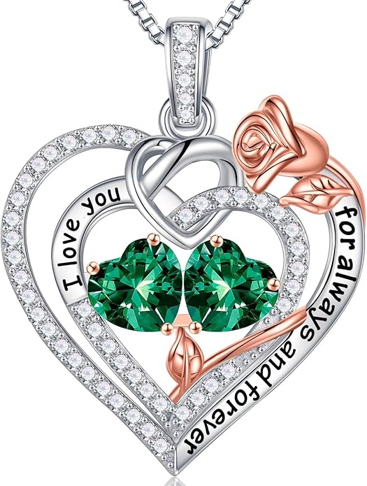 Iefil Rose Heart Necklace Gifts for Wife Women - 925 Sterling Silver Double Birthstone Necklace, Anniversary Birthday Gifts for Women, Jewelry Gift for Wife Girlfriend Mom Her