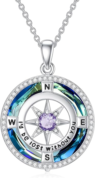 TOUPOP Compass Necklace for Women 925 Sterling Silver I'd be Lost without You Compass Pendant Birthstone Necklaces Anniversary Jewelry Birthday Gift for Girlfriend Wife Graduation Gifts for Her Daugthter