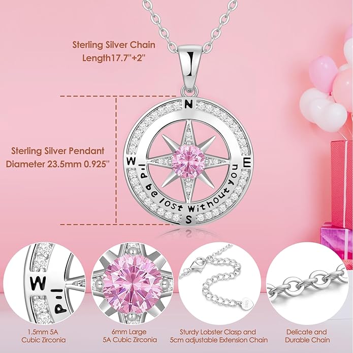 Compass Necklace Gifts for Women wife - S925 Sterling Silver Birthstone Necklaces for Women - Anniversary Birthday Gifts for Her Wife Girlfriend - Valentines Mom Mothers Day Christmas Gifts Jewelry for Women