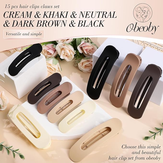 15 PCS Flat Hair Clips, Neutral Color Flat Claw Clips 3 Sizes Hair Claws for Women Girls Thin Hair