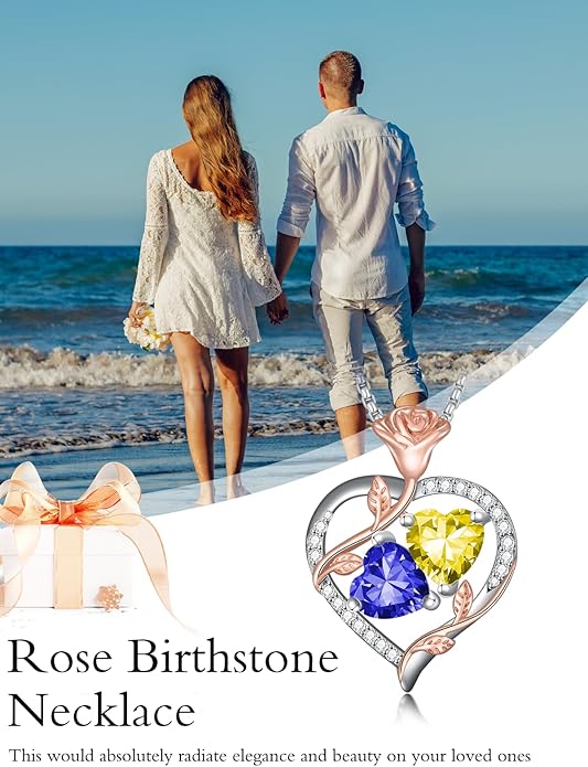 Jewelry for Her Double Heart Rose Birthstone Pendant Necklace Anniversary Jewelry Christmas Birthday Gifts for Women Wife Girlfriend
