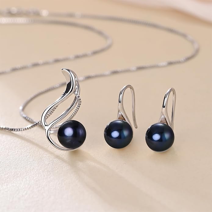 Pearl Jewelry Set For Women 925 Sterling Silver Necklace Pearl Pendant & Pearl Earrings Freshwater Pearl Drop Jewelry Set for Wedding Prom Gift