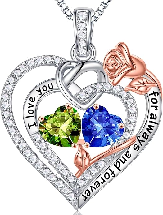 Iefil Rose Heart Necklace Gifts for Wife Women - 925 Sterling Silver Double Birthstone Necklace, Anniversary Birthday Gifts for Women, Jewelry Gift for Wife Girlfriend Mom Her