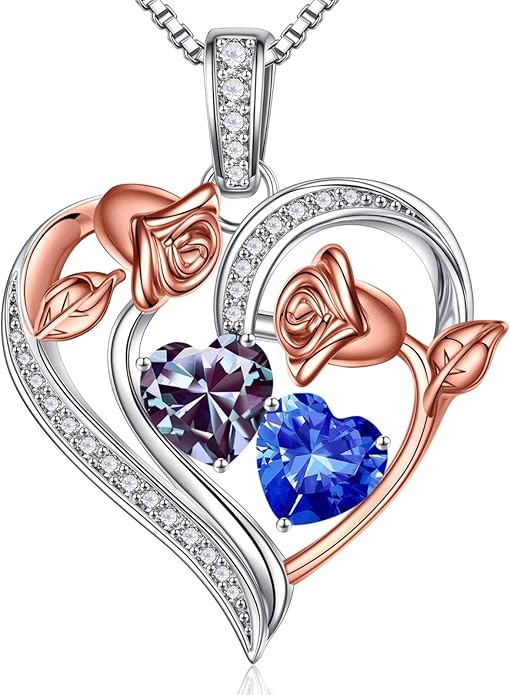 Iefil Birthstone Necklace for Women - 925 Sterling Silver Rose Heart Necklace, Birthstone Jewelry, Anniversary Birthday Gifts for Wife Girlfriend Mom Daughter
