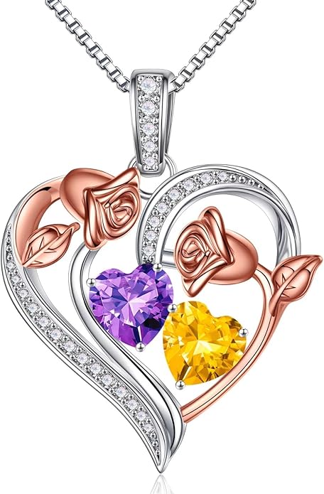 Iefil Birthstone Necklace for Women - 925 Sterling Silver Rose Heart Necklace, Birthstone Jewelry, Anniversary Birthday Gifts for Wife Girlfriend Mom Daughter