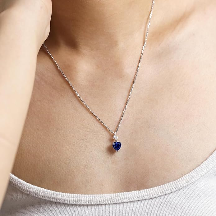 AGVANA 14K Solid White Gold Diamond Gemstone Pendant with Sterling Silver Chain 8mm Heart Birthstone Necklace Fine Jewelry Anniversary Birthday Gifts for Women Mom Wife