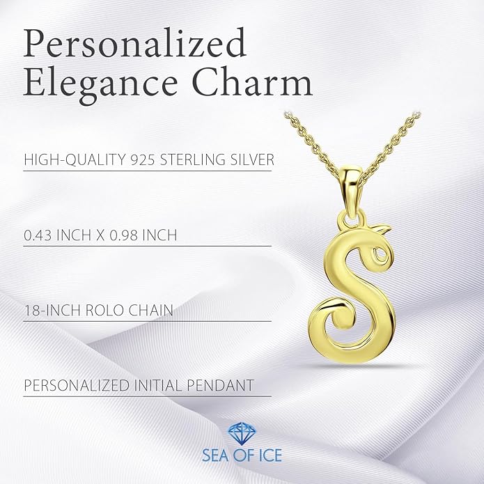 SEA OF ICE Letter Initial Necklace, Alphabet Letter Pendant Necklace, Sterling Silver, Gold, Rose Gold Necklace for Women, Elegant Initial Necklaces, Personalized Custom Women's Necklaces