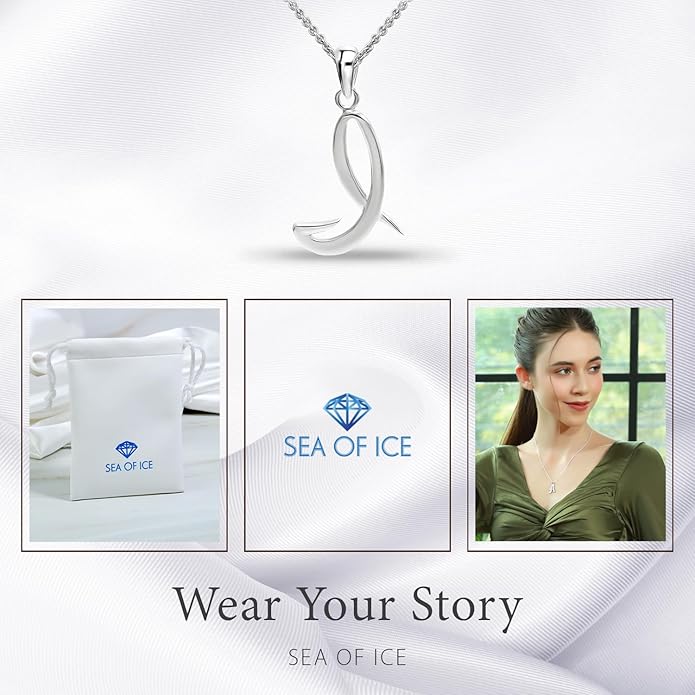 SEA OF ICE Letter Initial Necklace, Alphabet Letter Pendant Necklace, Sterling Silver, Gold, Rose Gold Necklace for Women, Elegant Initial Necklaces, Personalized Custom Women's Necklaces