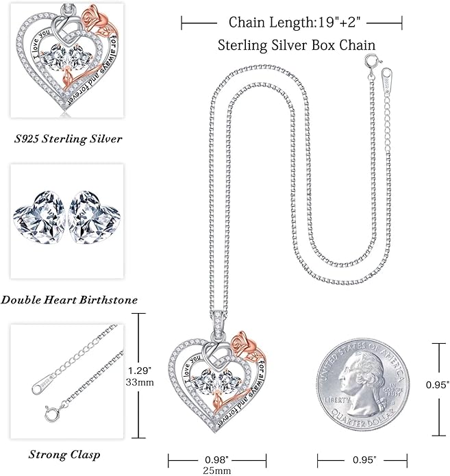 Iefil Rose Heart Necklace Gifts for Wife Women - 925 Sterling Silver Double Birthstone Necklace, Anniversary Birthday Gifts for Women, Jewelry Gift for Wife Girlfriend Mom Her