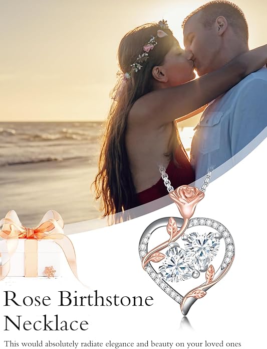 Jewelry for Her Double Heart Rose Birthstone Pendant Necklace Anniversary Jewelry Christmas Birthday Gifts for Women Wife Girlfriend