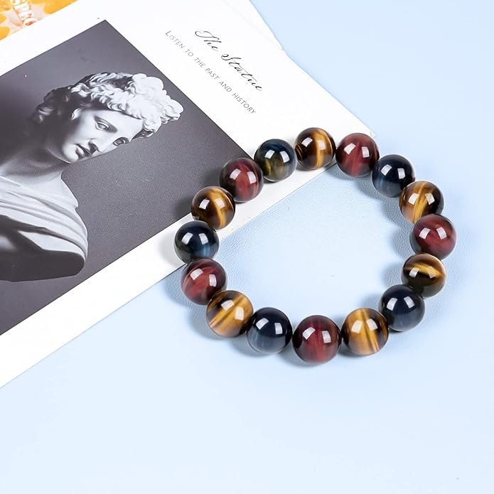 Tiger Eye Bracelet,Relax Anxiety Crystal Beaded Triple Protection Jewelry Bead Stone Chakra Gemstones Bracelets for women men