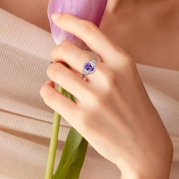 DAYBYDAY Celtic Birthstone Rings for Women 925 Sterling Silver Heart/Round/Pear/Oval Created Gemstone Moissanite Halo Engagement Promise Rings for Her Wife Birthday Anniversary Wedding Jewelry