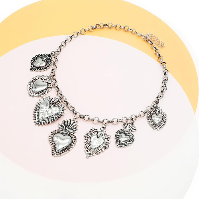 Chunky Retro Heart Necklace for Women Antique Layer Beach Ocean Moon Stars Western Boho Charm Necklaces Retro Link Chain Jewelry