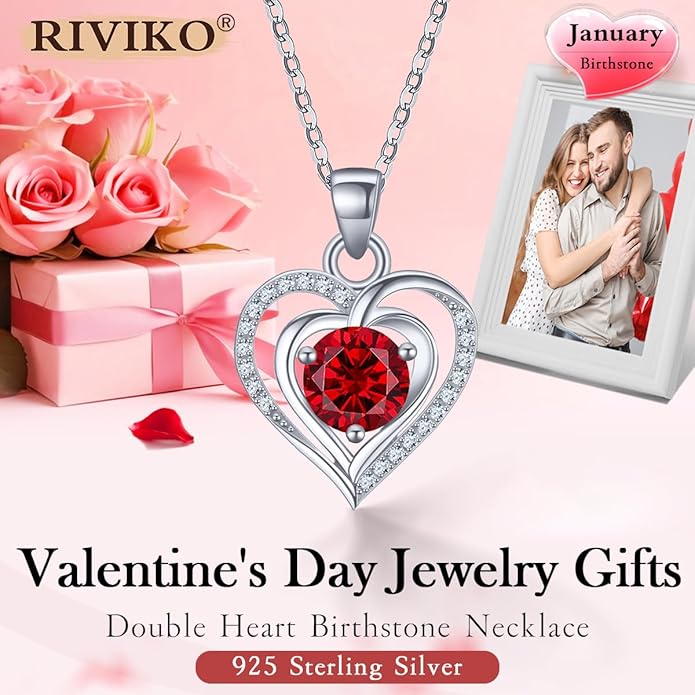 RIVIKO Heart Birthstone Pendant Necklace for Women 925 Sterling Silver Zirconia Necklaces Wedding Anniversary Birthday Mothers Day Jewelry Gifts For Her Mother Wife