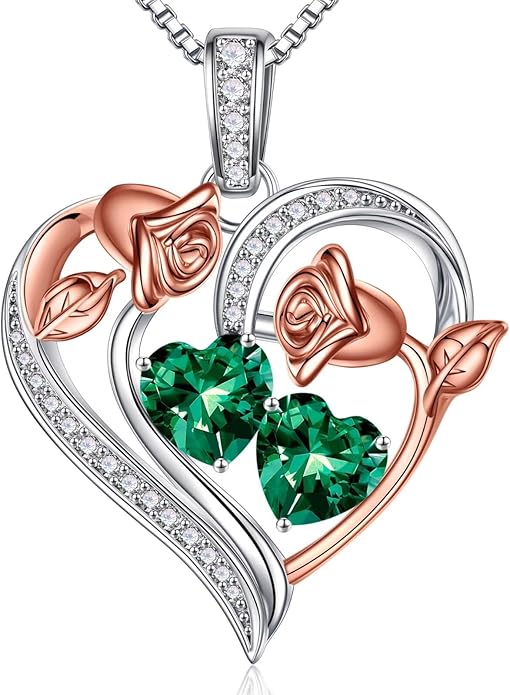Iefil Birthstone Necklace for Women - 925 Sterling Silver Rose Heart Necklace, Birthstone Jewelry, Anniversary Birthday Gifts for Wife Girlfriend Mom Daughter