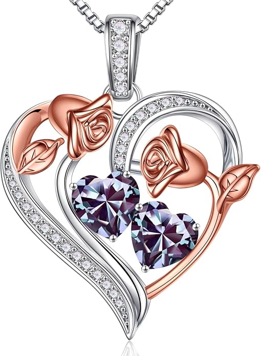 Iefil Birthstone Necklace for Women - 925 Sterling Silver Rose Heart Necklace, Birthstone Jewelry, Anniversary Birthday Gifts for Wife Girlfriend Mom Daughter