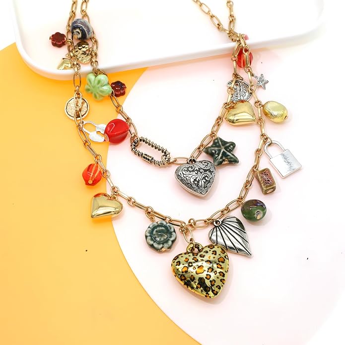 Chunky Retro Heart Necklace for Women Antique Layer Beach Ocean Moon Stars Western Boho Charm Necklaces Retro Link Chain Jewelry