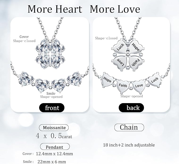 Luckylove 4-Leaf Clover & 4-Heart Smile 2-In-1 Necklace for Women, 4 x 1-0.5 ct Heartshape Moissanite, Sterling Silver Jewelry, Anniversary Birthday Christmas Valentines Day Gifts For Wife Girlfriend Her