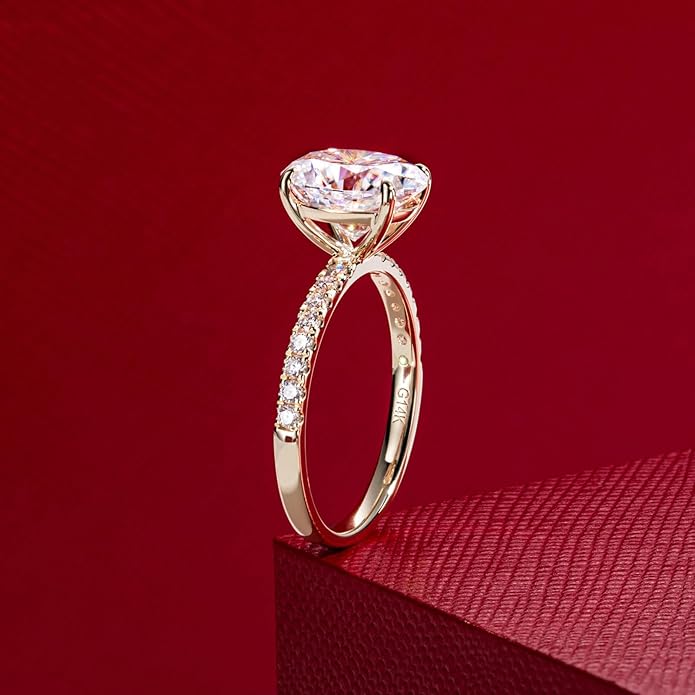 14K Solid Gold Side Stones Ring, Round/Princess Cut Centerpiece Moissanite Lab Grown Created Diamond, D Color and Flawless Real Gold Wedding Anniversary Ring