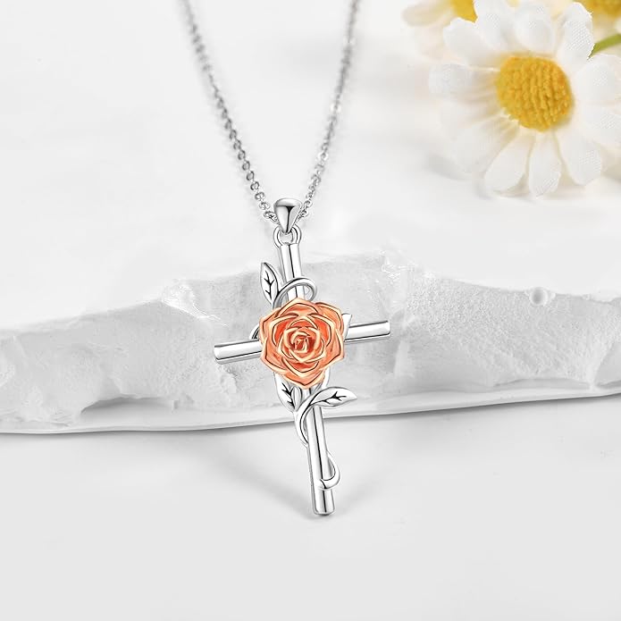 Flower Cross Necklace 925 Sterling Silver Carnation/Rose/Lily/Daisy Cross Necklace Birth Flower Jewelry for Women