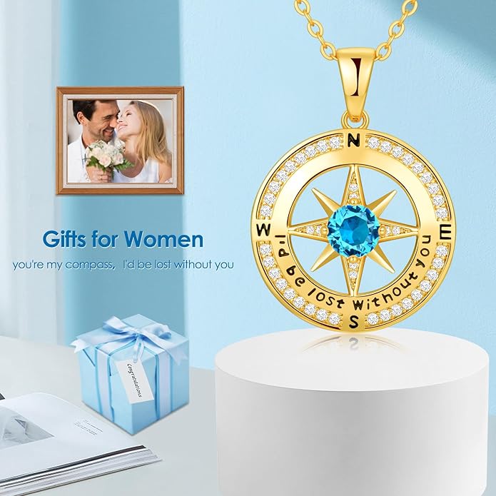 Compass Necklace Gifts for Women wife - S925 Sterling Silver Birthstone Necklaces for Women - Anniversary Birthday Gifts for Her Wife Girlfriend - Valentines Mom Mothers Day Christmas Gifts Jewelry for Women