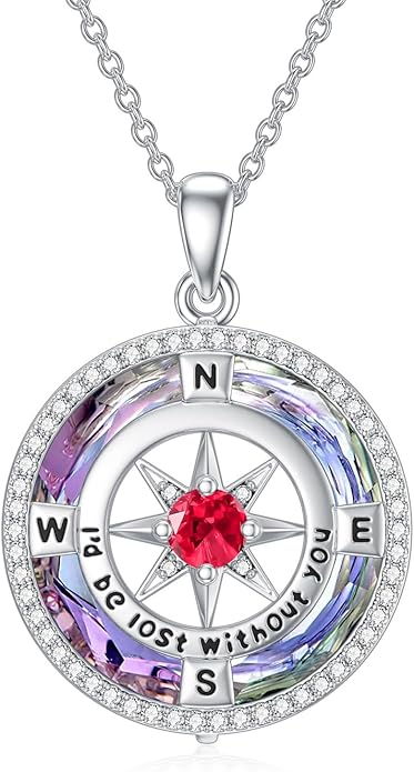 TOUPOP Compass Necklace for Women 925 Sterling Silver I'd be Lost without You Compass Pendant Birthstone Necklaces Anniversary Jewelry Birthday Gift for Girlfriend Wife Graduation Gifts for Her Daugthter