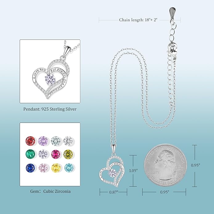 Heart Birthstone Silver Necklace for Women, S925 Sterling Silver Pendant Necklace Birthday Jewelry Gifts for Her Mother Mom Wife Girlfriend