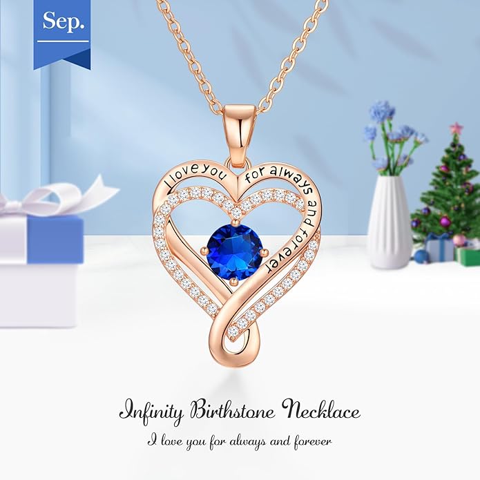 Infinity Heart Birthstone Necklace for Women Wife 18K Rose Gold Plated,Anniversary for Women Wife Her Birthday Gift for Girlfriend Mom Daughters, I Love You Women's Jewelry