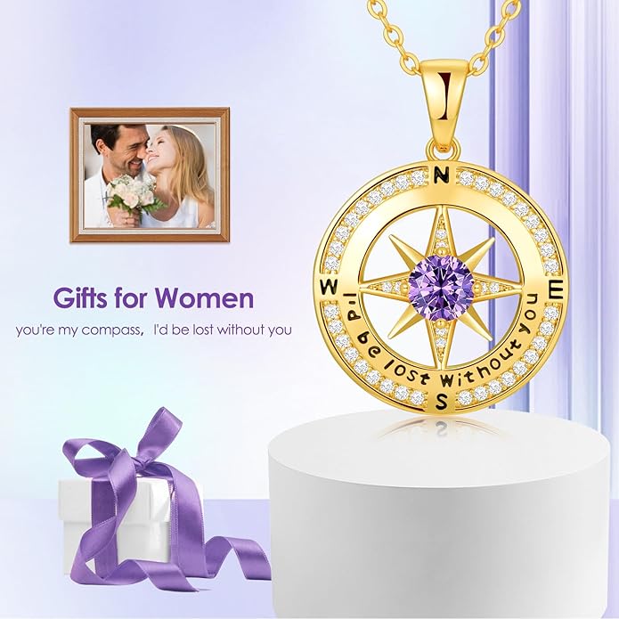 Compass Necklace Gifts for Women wife - S925 Sterling Silver Birthstone Necklaces for Women - Anniversary Birthday Gifts for Her Wife Girlfriend - Valentines Mom Mothers Day Christmas Gifts Jewelry for Women