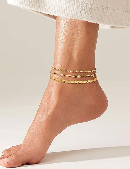RLMOON Gold Anklets for Women CZ Ankle Bracelet 14K Gold Plated Waterproof Dainty Layered Tennis Heart Dot Chain Silver Clover Anklet Trendy Foot Jewelry