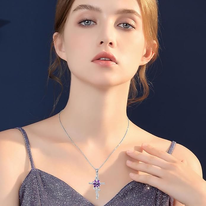 Flower Cross Necklace 925 Sterling Silver Carnation/Rose/Lily/Daisy Cross Necklace Birth Flower Jewelry for Women