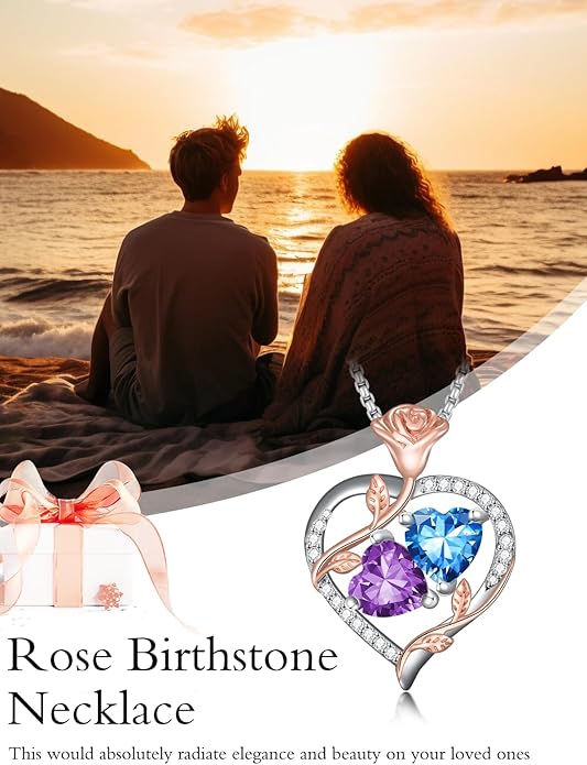 Jewelry for Her Double Heart Rose Birthstone Pendant Necklace Anniversary Jewelry Christmas Birthday Gifts for Women Wife Girlfriend